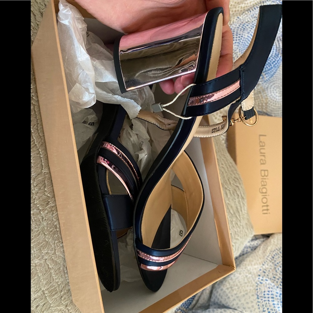 Laura Biagiotti Italian Blue Navy Pink Heelsb shiny block sandals